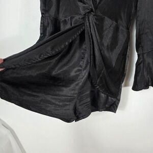 Impressions Romper Sz M Black Satin  Bell Sleeve V Neck Hot Pants